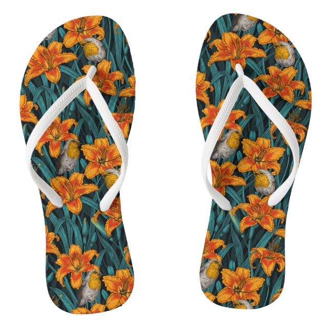 Chinelos Robins e flores, cor de laranja e azul (Pé da cama)
