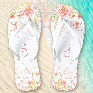 Chinelos Romântico Nome Floral Branco Rosa
