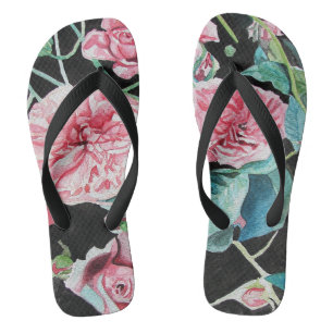 Chinelos Rosas cor-de-rosa flores Rosa florais aquarelas Co