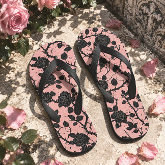 Chinelos Rosas de Cemitério Gótico Rosa e Preto