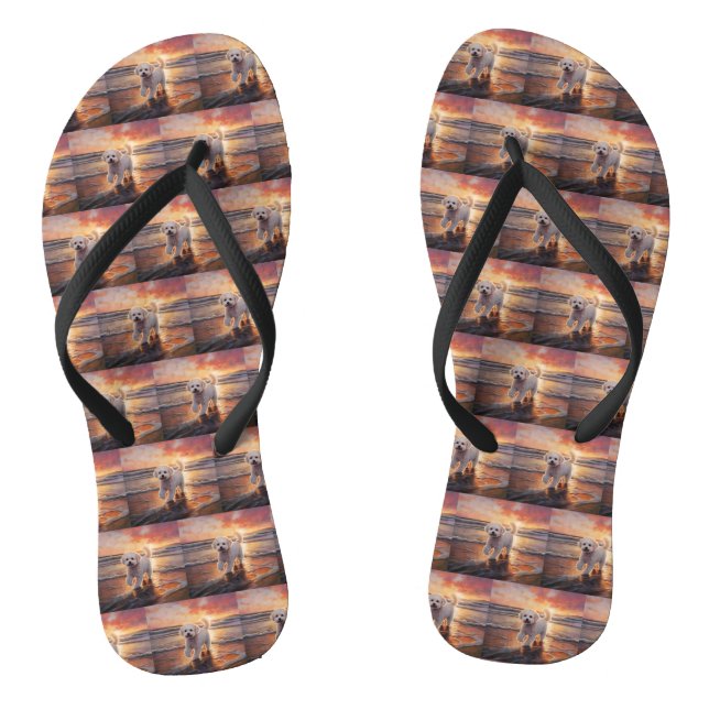 Chinelos Sandy Paws Bichon Frise Dog em Beach Sunset (Pé da cama)