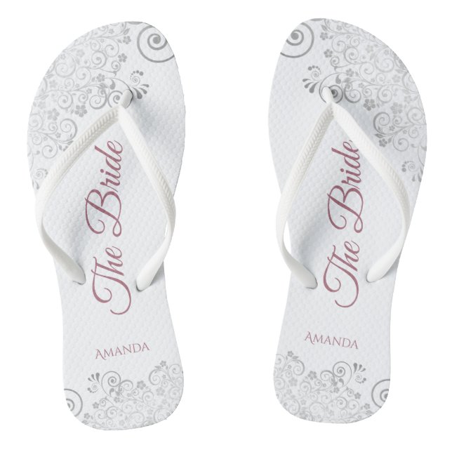 Chinelos Silver Lace & Dusty Rosa Script O Casamento Noivo (Pé da cama)