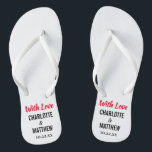 Chinelos Typografia Moderna do Casamento de Summer Beach<br><div class="desc">Estes chinelos de tipografia modernos são um obrigado divertido que você favorece para qualquer casal que esteja tendo seu casamento durante o verão ou um casamento de destino na praia! Personalize com os nomes da noiva e do noivo e a data do casamento. Você pode manter a mensagem Com o...</div>