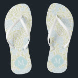 Chinelos Verdes e Aqua Floral Damasco Monograma<br><div class="desc">Bonita e elegante cor damasco floral e monograma de quadros quatrefoil.</div>