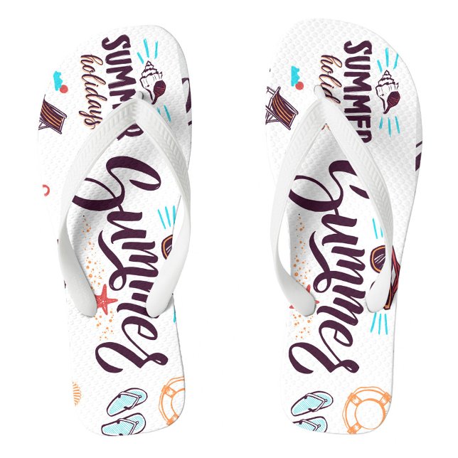 Chinelos Wild Summer ("Summer" in a stylized, cursive font, along with various beach-related icons such as seashells.)