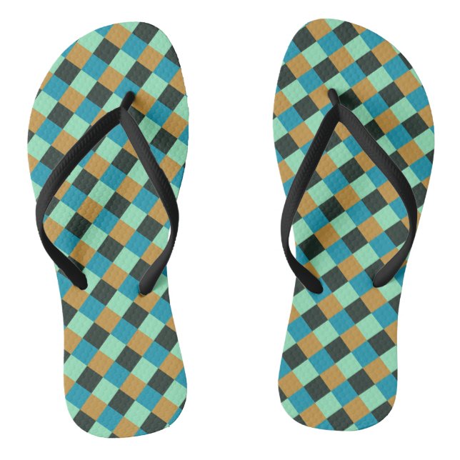Chinelos Xadrez Verde Azul Teal Ócre Carvão (Pé da cama)
