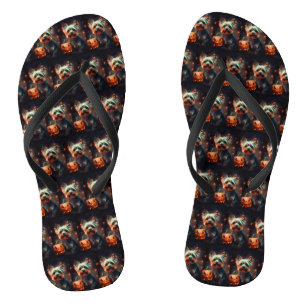 Chinelos Yorkshire Terrier de Halloween com Abóboras Assust