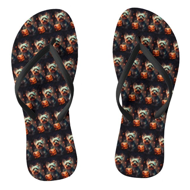 Chinelos Yorkshire Terrier de Halloween com Abóboras Assust (Pé da cama)