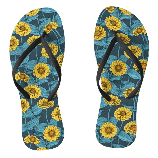 Chinelos Zinnias Amarelas em azul escuro (Pé da cama)