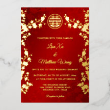 Chinês Bilingue | Casamento Floral Vermelho Dourad