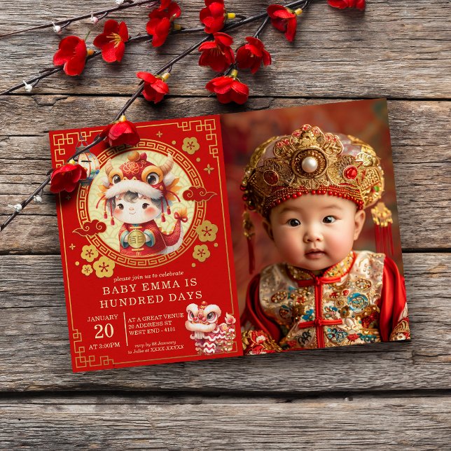 Chinês Tradicional Bebê 100 Dias 百 Convite 日 (radition meets joy! Our vibrant Chinese Traditional Baby 100 Days Invitation sets the perfect tone.)