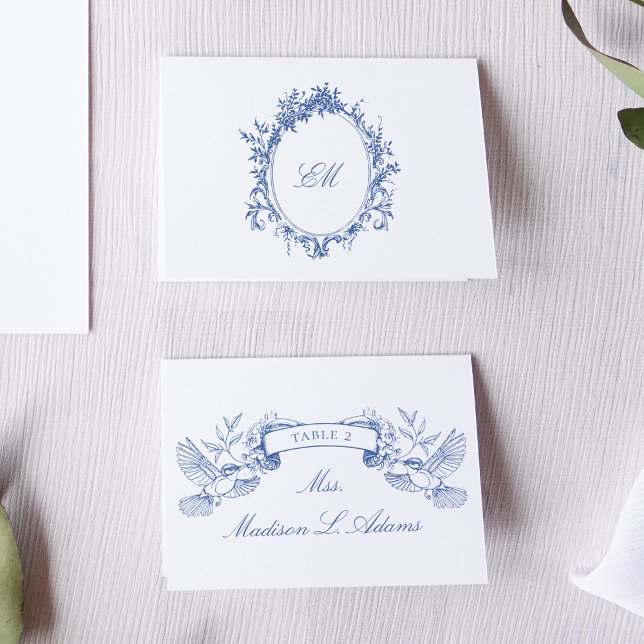 Chinoiserie Blue Birds Clássico Cartão de Nome dob (Blue victorian birds and flower frames for a chinoiserie inspired wedding stationery suite)