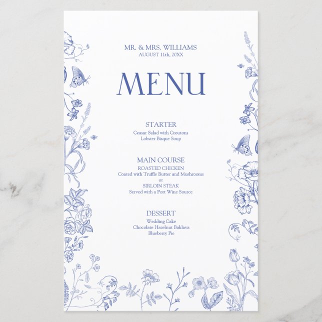Chinoiserie French Blue Victorian WedMenu (Frente)