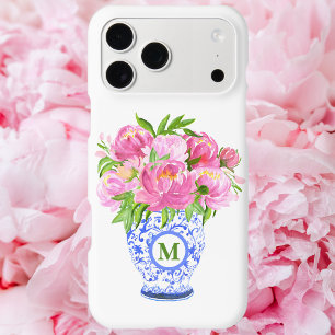 Chinoiserie Vase Green Monograma de Peonias Rosa