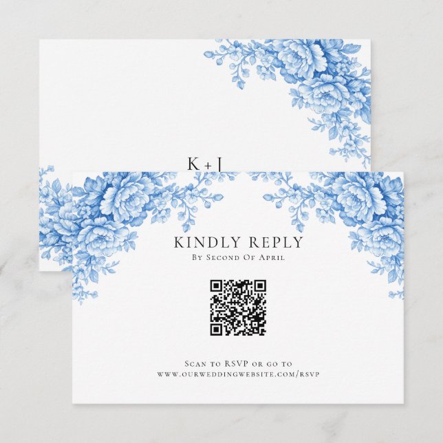 Chinoiserie Wedding Minimal Monogram RSVP QR Code (Frente/Verso)