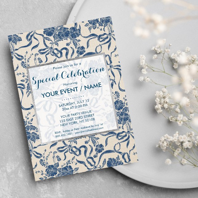 Chique Convite de Evento Floral Azul Marinho Vinta (Chic Modern Vintage Ivory Navy Blue Floral Event)