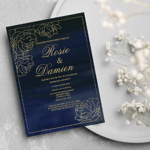 Chique convite de noivado floral em azul naval aqu