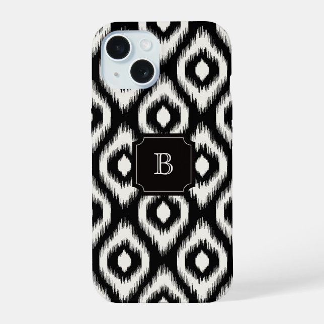 Chique Estiloso Preto Marfim Diamante Ikat Monogra (Verso)