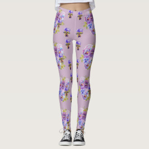 Chique Lilac Roxo Pansy Leggings Florais