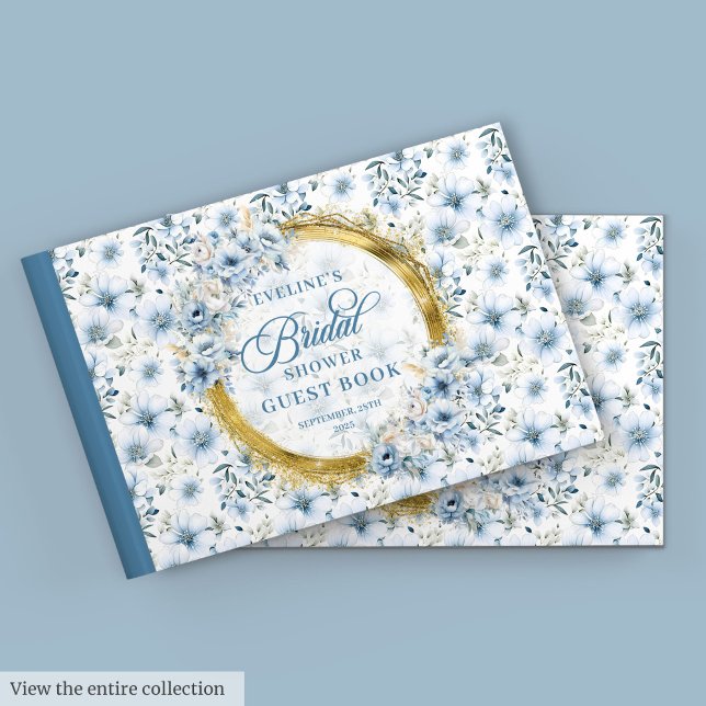 Chique Livro de Visitas Floral Azul Pó Dourado Boê (Chic Bohemian Powder Blue Gold Floral Guest Book)