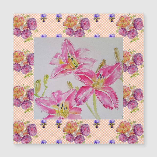 Chique rosa Lily Floral Flores Rosas Gingham (Frente)