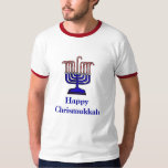 Chrismukkah Candy Cane Menorah T-Shirt<br><div class="desc">O termo "Chrismukkah" começou em 2003 num programa de televisão chamado "O.C." Pode ser interpretado como (1) a mistura de Natal e Chanucá durante a época festiva em casas onde se é judeu e onde se tem fé cristã protestante. É uma maneira de celebrar ambos os lados de uma família...</div>