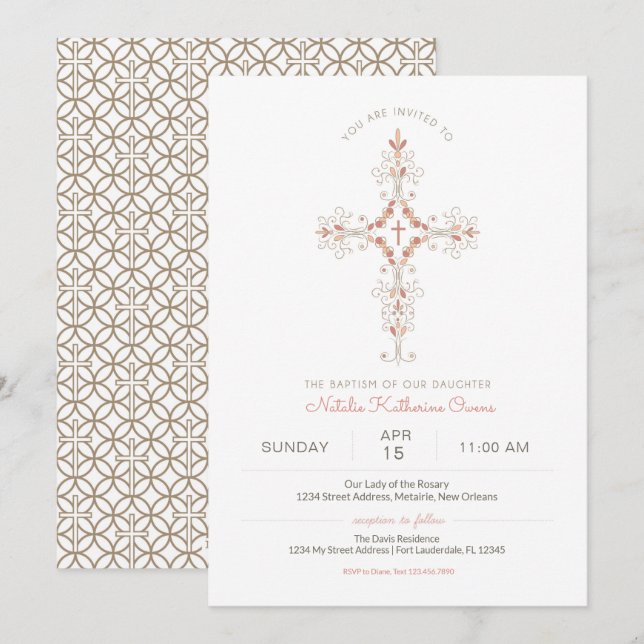 Christian Cross Baby Girl Convite Para Batismo (Frente/Verso)