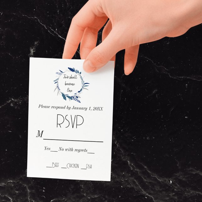 Christian Floral Dois Torna-Se Um RSVP De Casament (Floral Wreath Blue Two Become One Wedding RSVP Card)