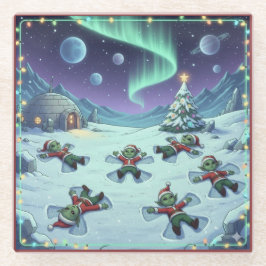 Christmas Alien Snow Angels, Glass Coaster