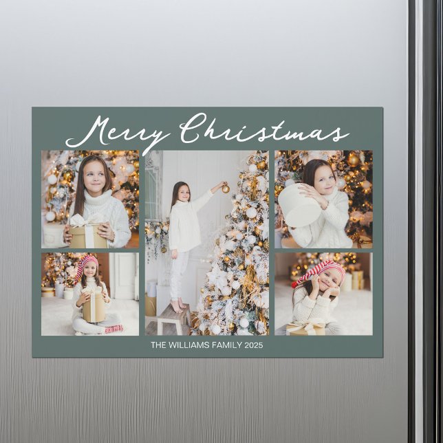 Christmas Photo Collage Grey Green Magnet Card (Criador carregado)
