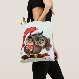 Christmas Tote Bag Baby Owl In Hat and Gift