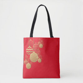 Christmas tote bag with baubles on red background