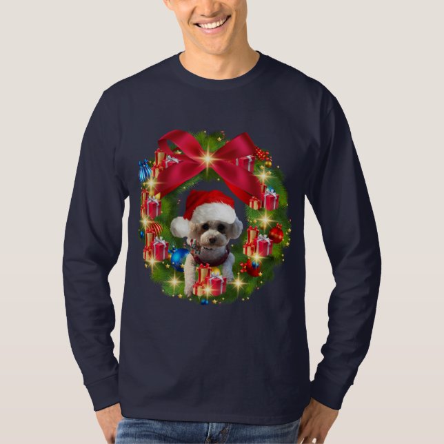 Christmas Wreath With Poodle Santa Hat T-Shirt (Frente)