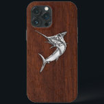 Chrome Marlin Fish na Impressão de Wet Mahogany<br><div class="desc">Um moderno cromo náutico prateado como o estilo applique em um decor de madeira de mogno molhado para uma capa de telefone personalizada que todos no barco ou fora dele vão desfrutar. Aqui está uma seleção de bonés de beisebol bordados com estilo náutico personalizado que você pode personalizar facilmente. Use...</div>