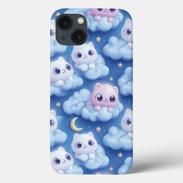 "Chubby Kawaii Cats and Clouds 3D Padrão Invisível (Verso)