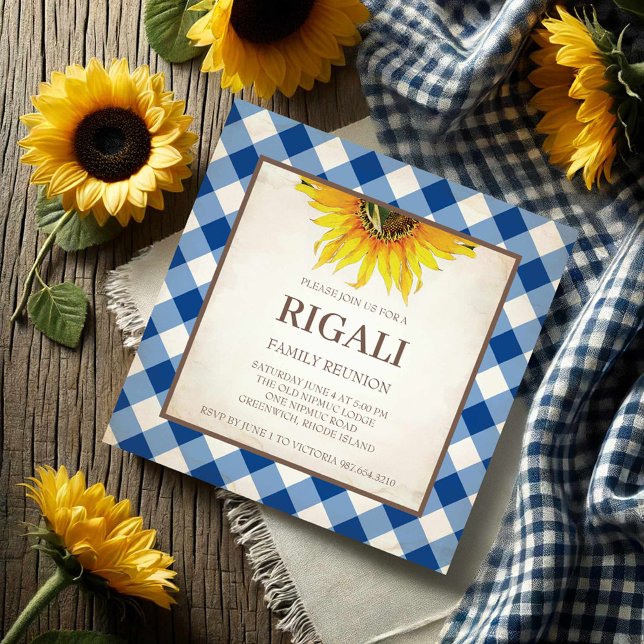 CHURRASCO Convite Gingham Impressão (Family reunion invitations sunflower and blue gingham print.)