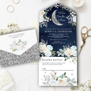 Chuva de Azul Marfim Floral Boho Lua Azul Bebê