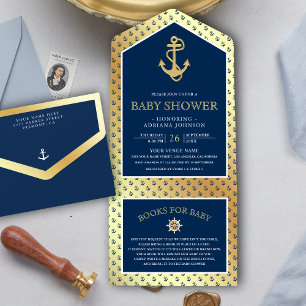 Chuva de Bebê Âncora Azul Naval e Dourado