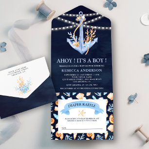 Chuva de Bebê Âncora Náutica Aquarela Azul-Naval