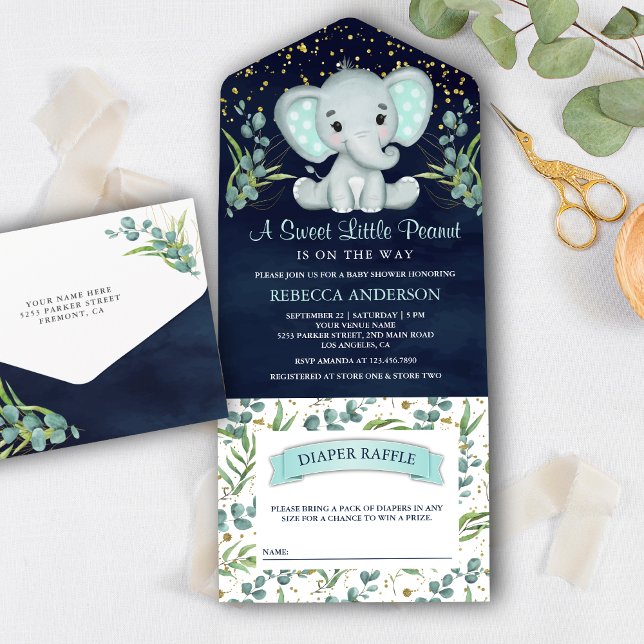Chuva de Bebê Azul Naval Elefante Verde Eucalipto (Criador carregado)