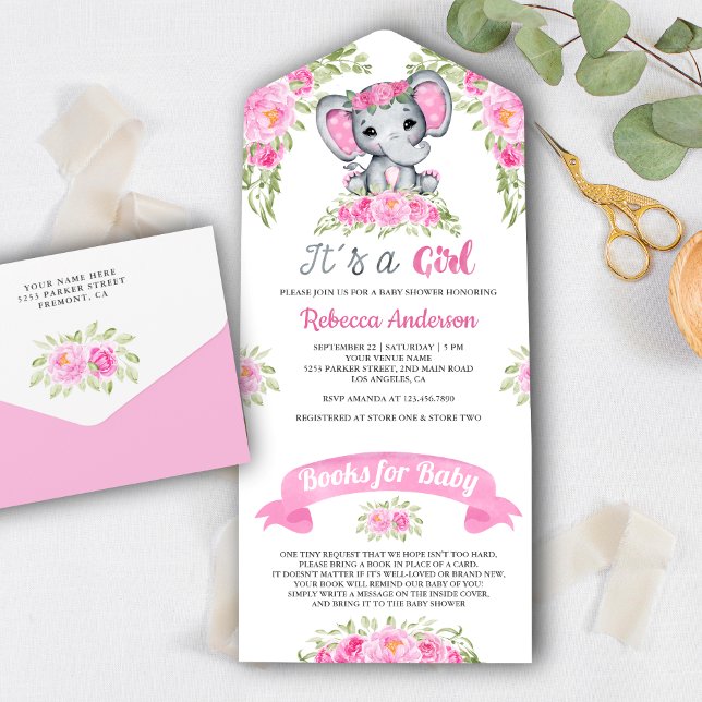 Chuva de Bebê de Elefante com Aquarela Floral Rosa (Criador carregado)