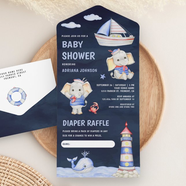 Chuva de Bebe Elefante Fofo Barco Náutico Azul Mar (Criador carregado)