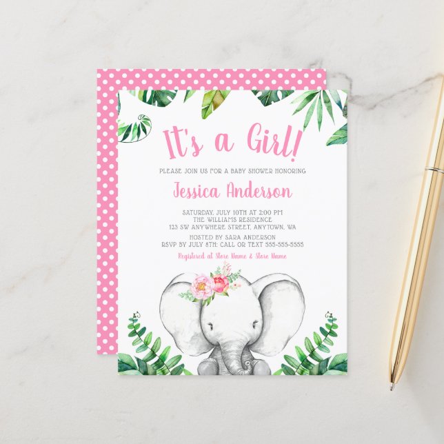 Chuva de Bebê Elefante Menina Rosa Orçamento (Frente/Verso In Situ)