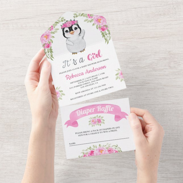Chuva de Bebê Floral em Aquarela Rosa Pinguim (Aba destacável)