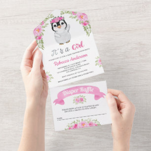 Chuva de Bebê Floral em Aquarela Rosa Pinguim