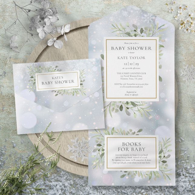 Chuva de Bebê Folhagem Verde Folhas Flocos de Neve (Winter Snowflakes Greenery Foliage Baby Shower All In One Invitation)