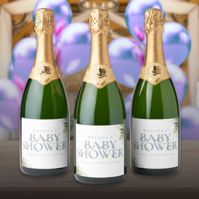 Chuva de Bebê Menino Azul Poento com Folhagens (Dusty Blue Greenery Boy Baby Shower Sparkling Wine Label)