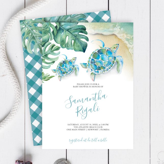 Chuva de Bebê Menino Tartaruga Marinha Folhas Trop (Baby shower invitations tropical watercolor sea turtle, palm leaves and ocean with gingham print)