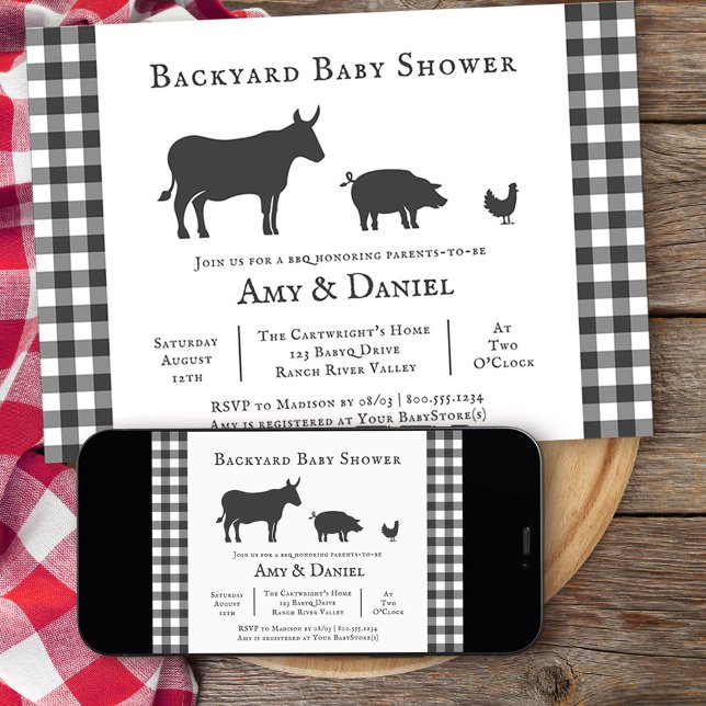 Chuva de Bebê no Quintal Convite Xadrez Cinza Rúst (Backyard BBQ neutral baby shower invitation from my rustic farmhouse BBQ collection
)