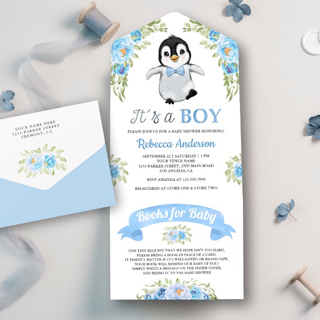 Chuva de Bebê Pinguim com Aquarela Floral Azul (Criador carregado)